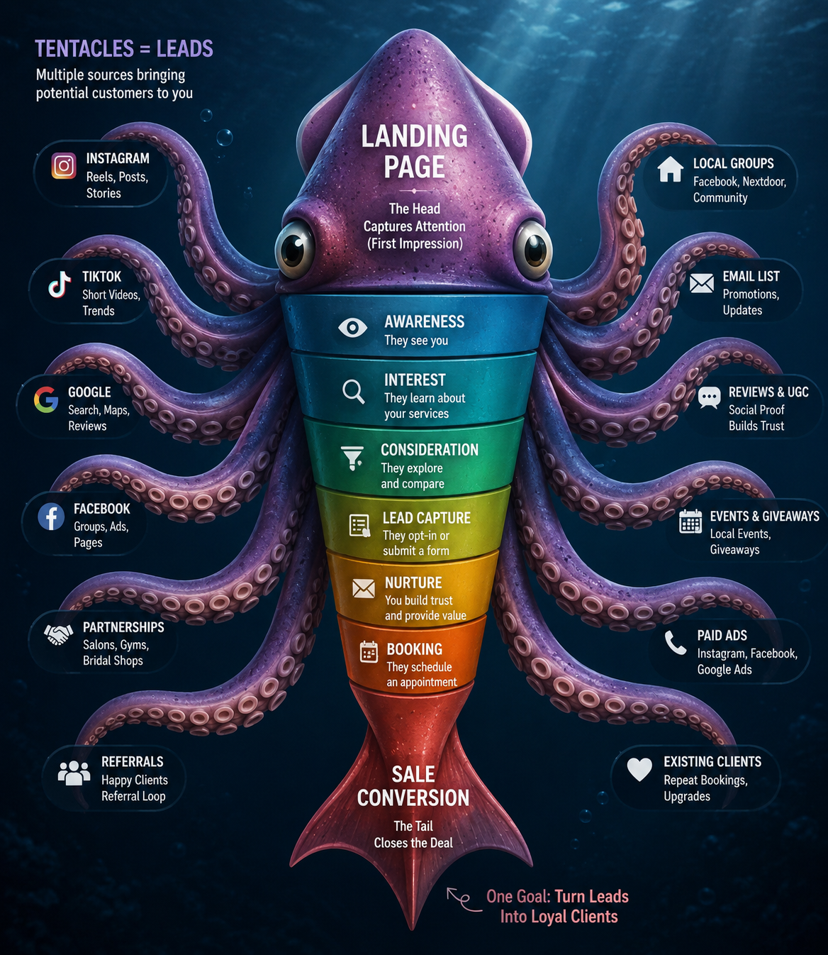 Tentacles bringing leads from every channel into a single conversion funnel
